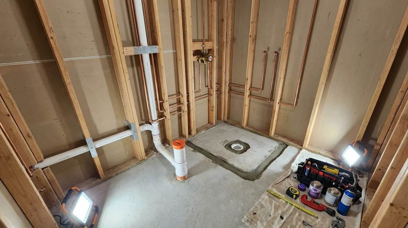 Bathroom rough-in plumbing during remodel by Johns Plumbing LLC in Sequim