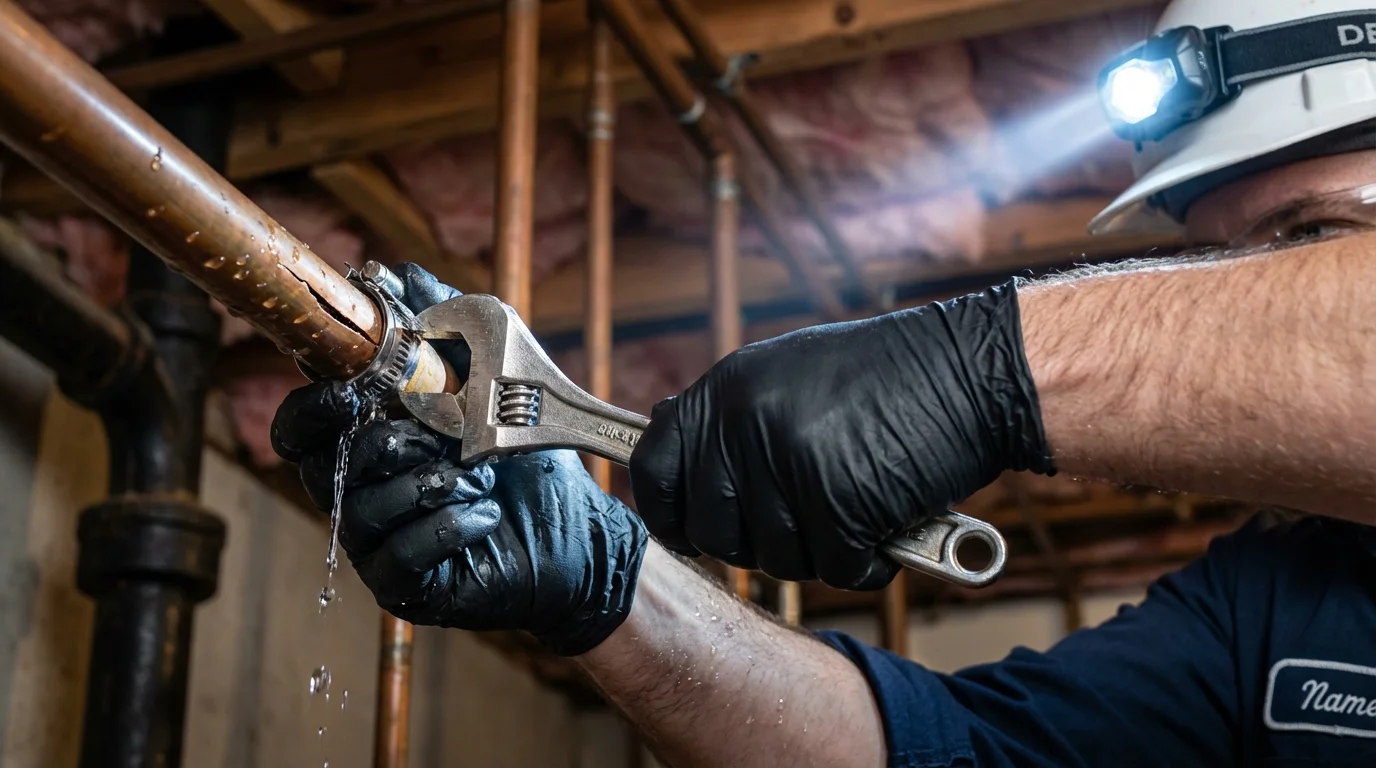Emergency pipe clamp repair being performed by a Johns Plumbing LLC plumber in Sequim
