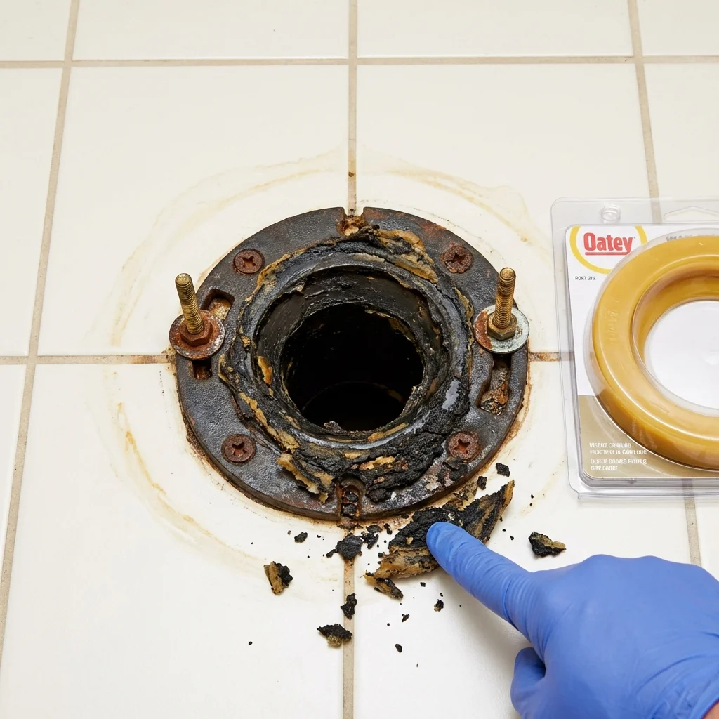 Failed wax ring showing water seepage at the base of a toilet in a Sequim, WA home