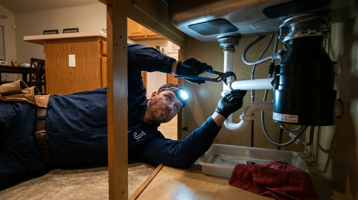 P-trap and supply line connections under a kitchen sink showing a common leak point in Sequim, WA